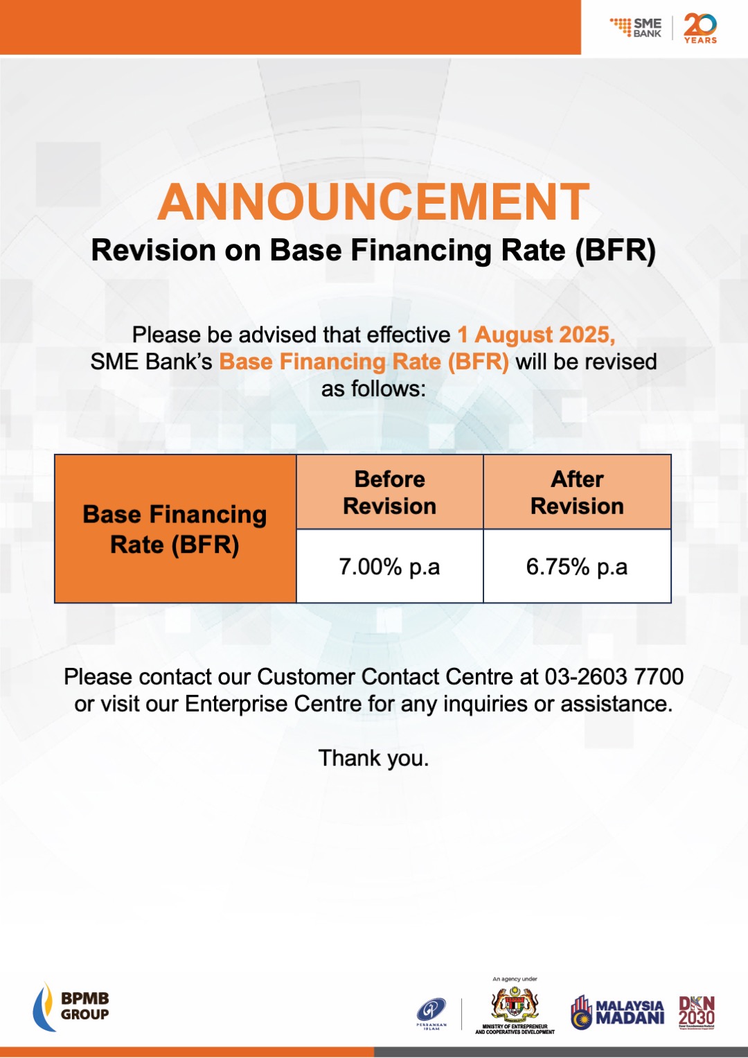 revision on base financing rate (BFR)